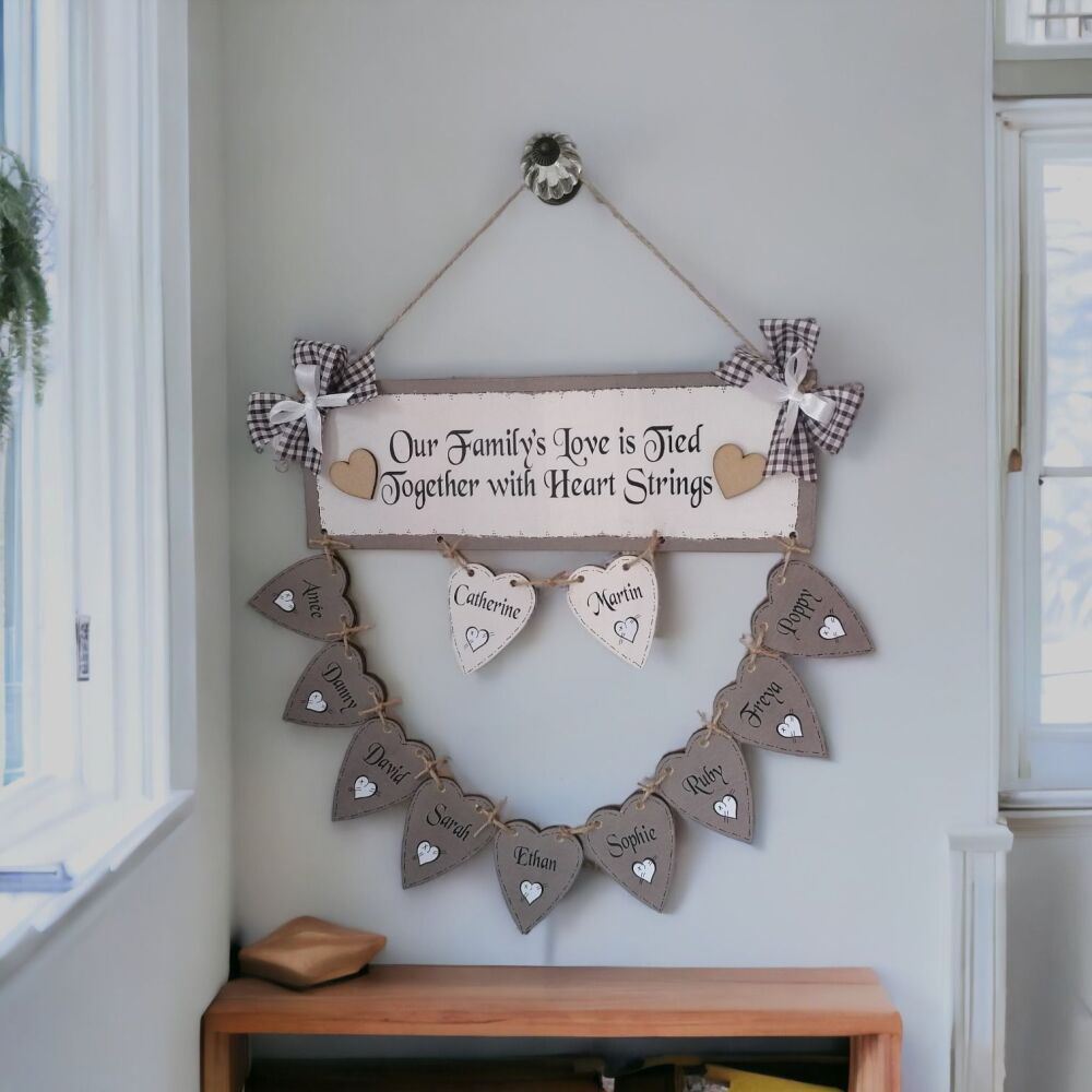 Handcrafted Unique Personalised Wooden Hanging Heart Family Tree Including 10+ Names