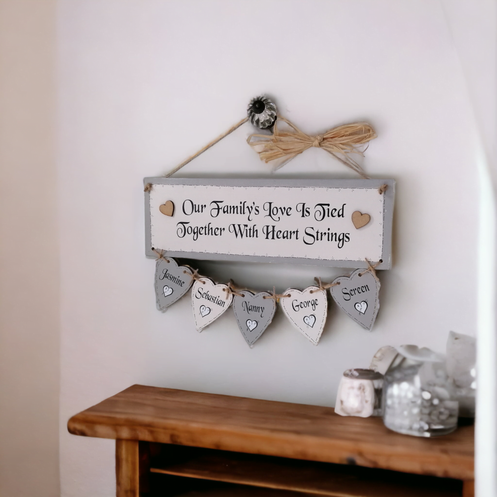 Handcrafted Personalised Wooden Hanging Heart Family Tree Including 5 Names