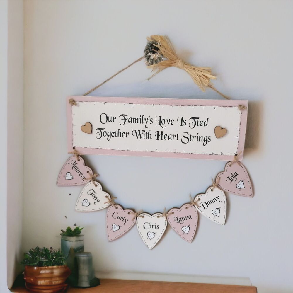 Handcrafted Personalised Wooden Hanging Heart Family Tree Including 7 Names