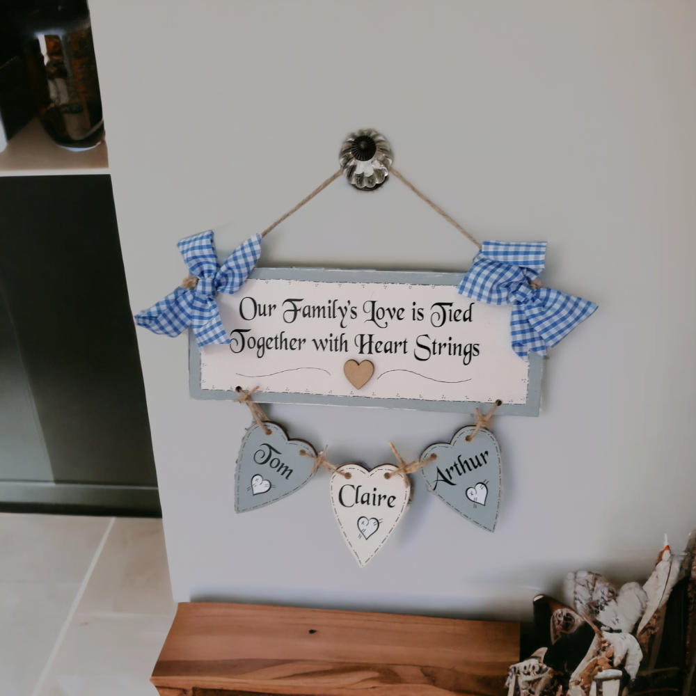 Handcrafted Personalised Wooden Hanging Heart Family Tree Including 3 Names