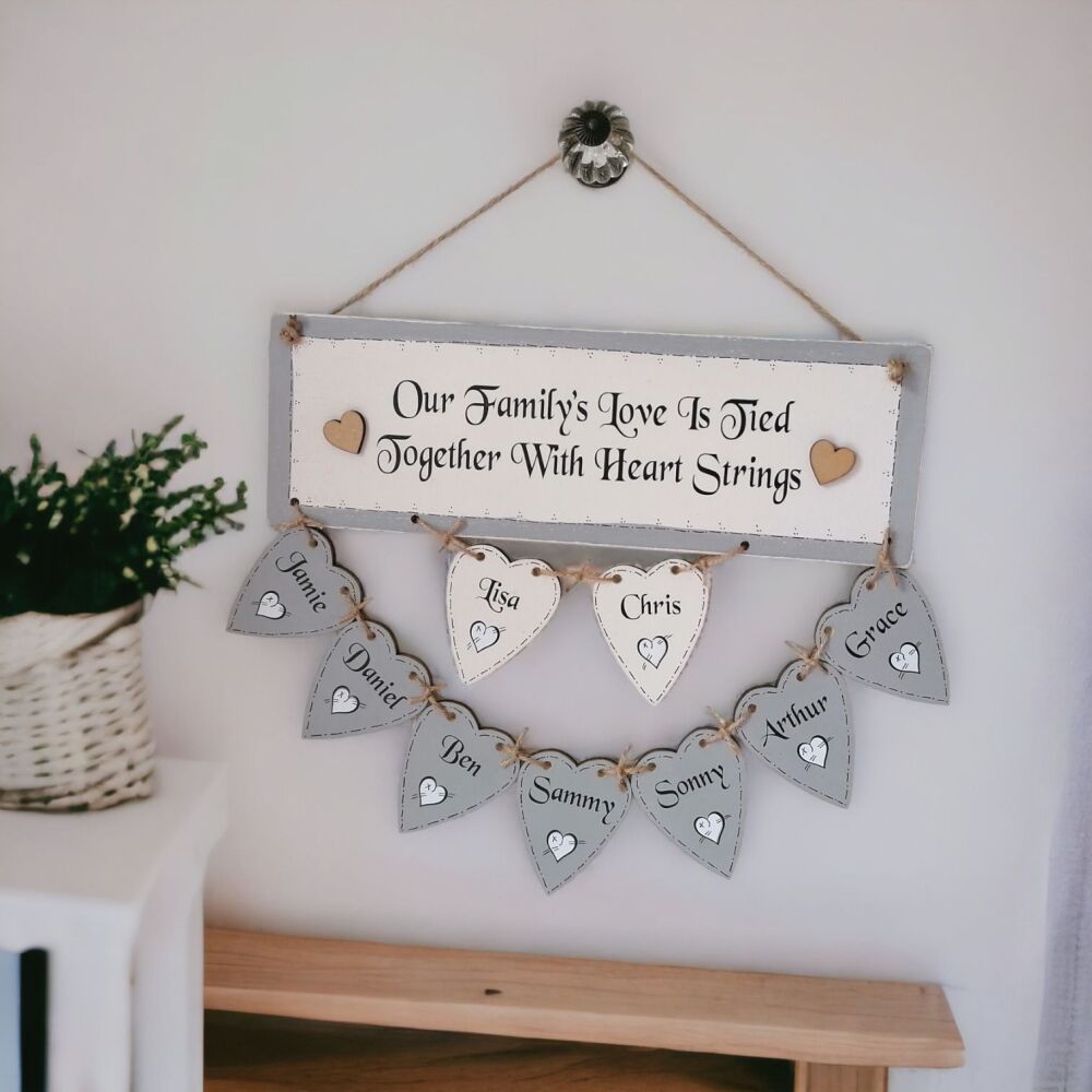 Handcrafted Personalised Wooden Hanging Heart Family Tree Including 9 Names