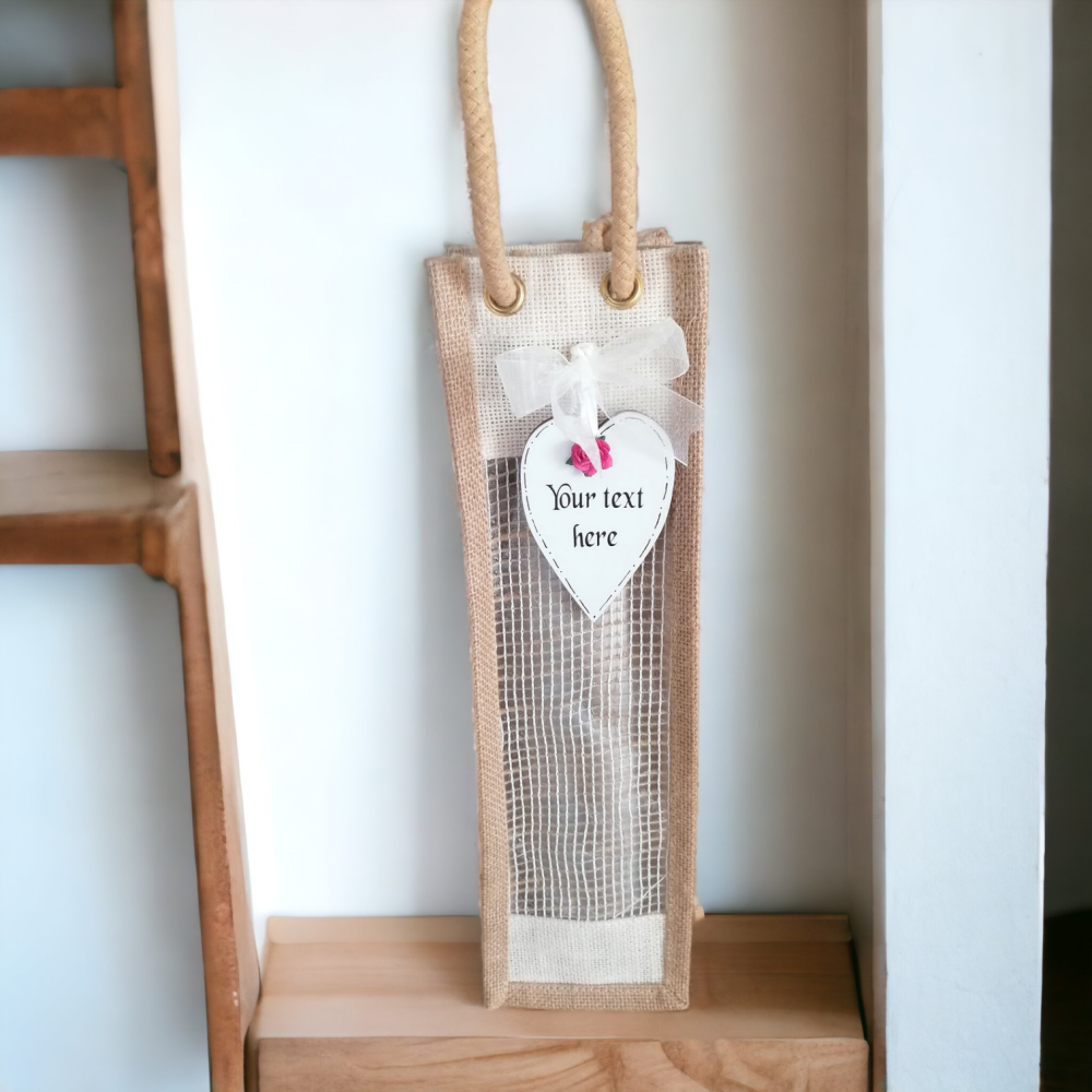 Hessian Bottle Bag with Rope Handles & A Personalised Tag