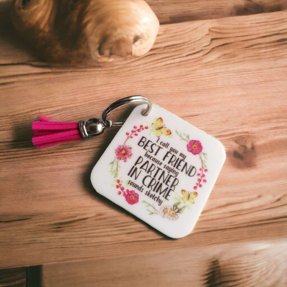 Best Friend Is My Partner In Crime Pretty Personalised Keyring