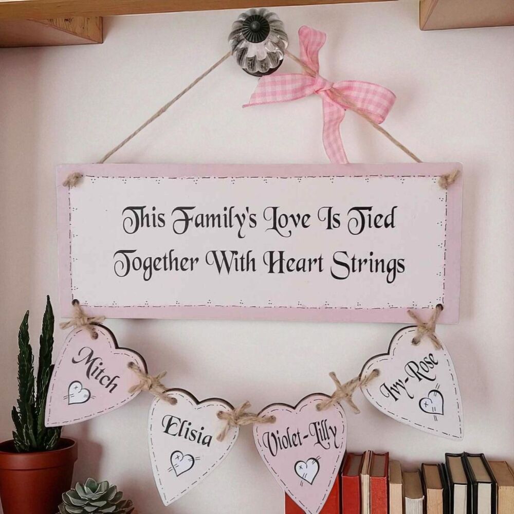 Handcrafted Personalised Wooden Hanging Heart Family Tree Including 4 Names