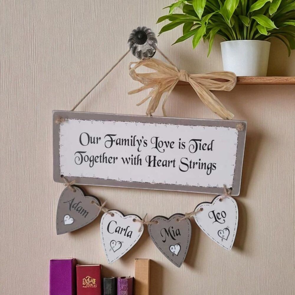 Handcrafted Personalised Wooden Hanging Heart Family Tree Including 4 Names