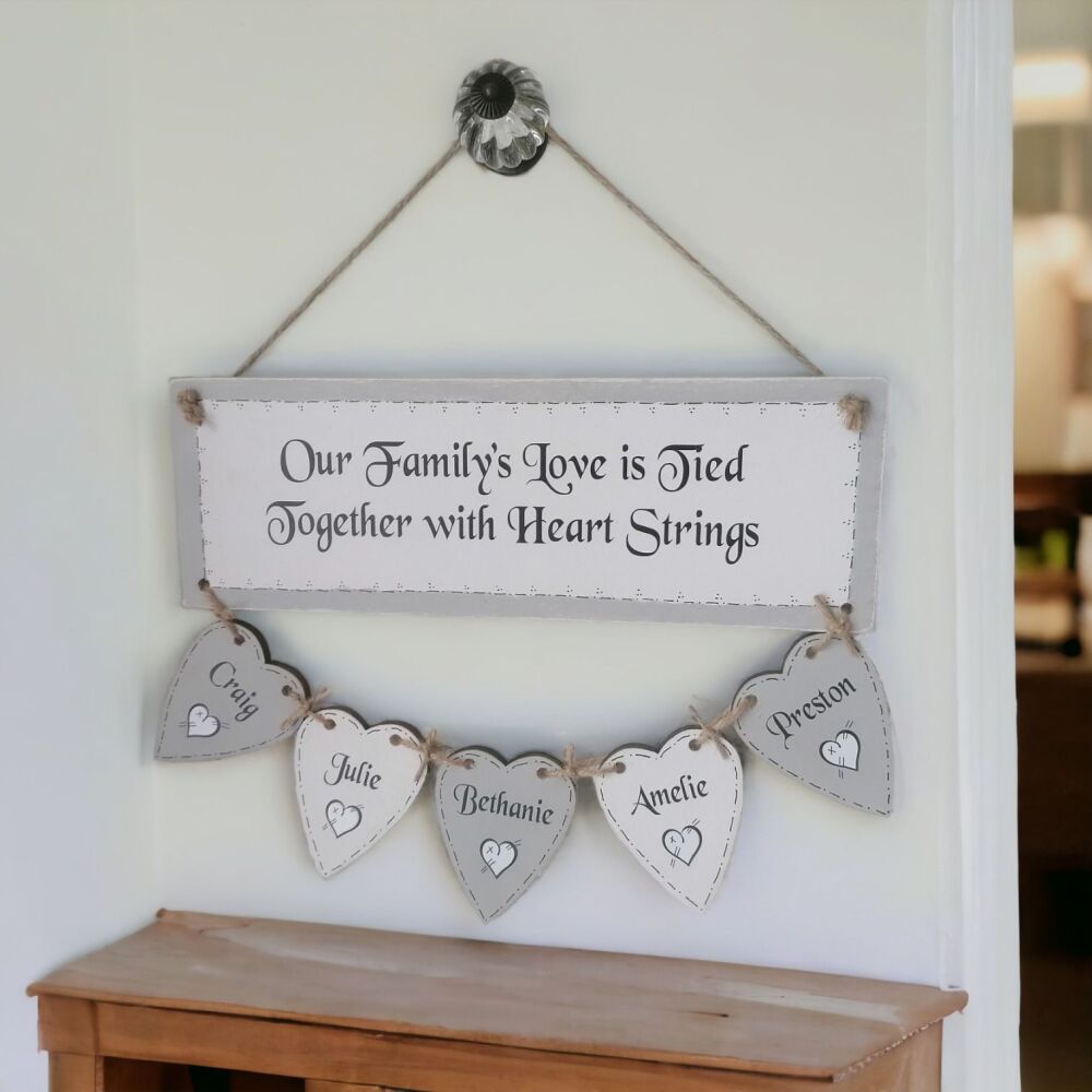 Handcrafted Personalised Wooden Hanging Heart Family Tree Including 5 Names