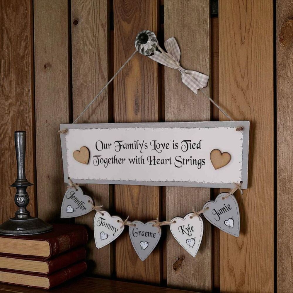 Handcrafted Personalised Wooden Hanging Heart Family Tree Including 5 Names