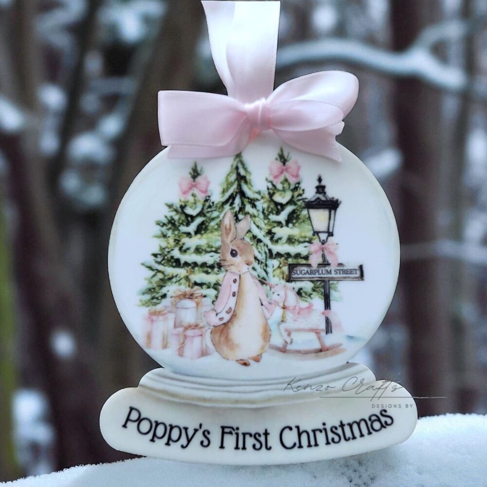 Personalised First Christmas Rabbit Tree Snow Globe Bauble Keepsake