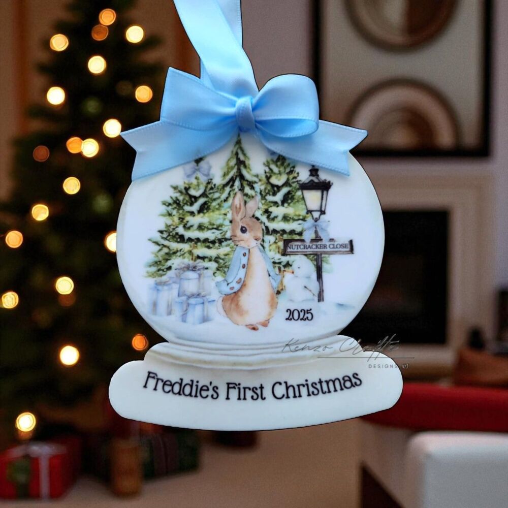 Personalised First Christmas Rabbit Tree Snow Globe Bauble Keepsake