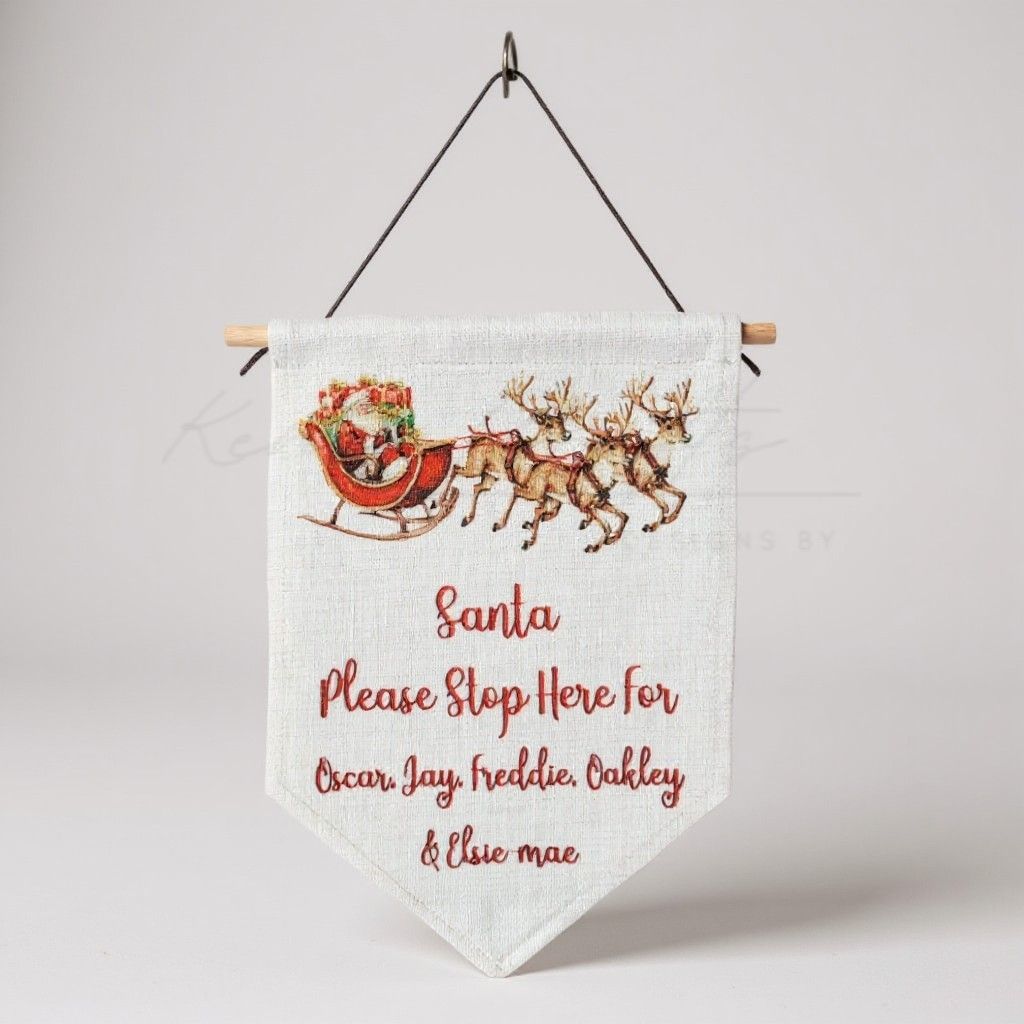 Personalised Linen Santa Please Stop Here Pennant