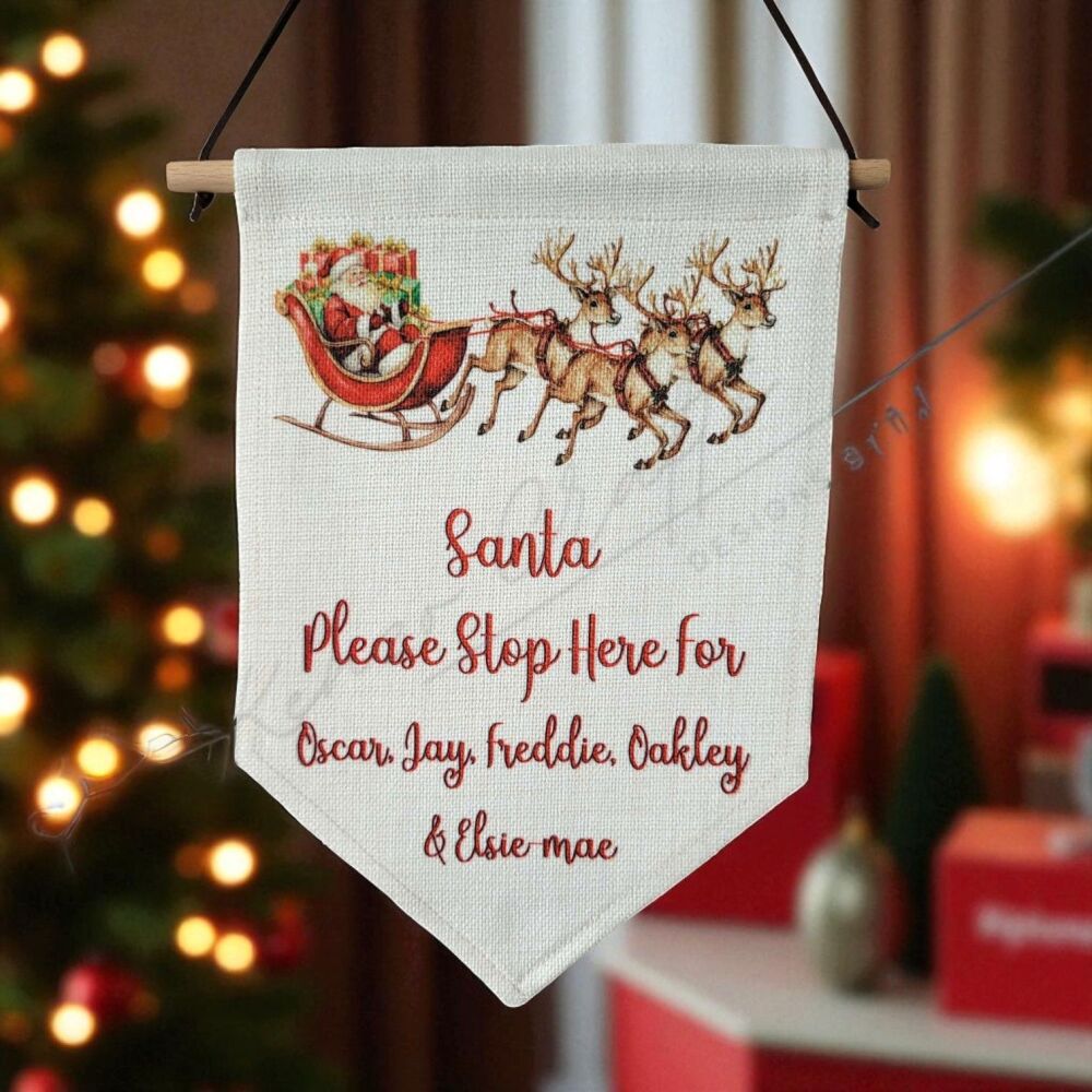 Personalised Linen Santa Please Stop Here Pennant