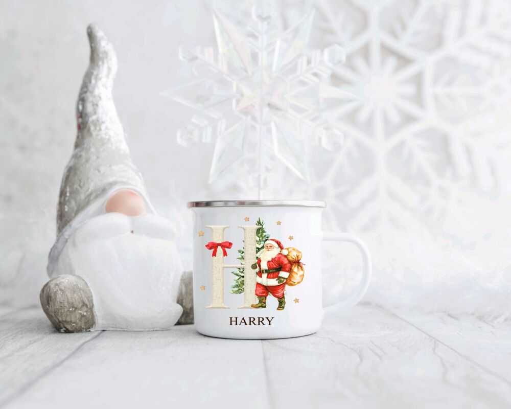 Children's Personalised Christmas Enamel Mug A - Z Santa With Sack