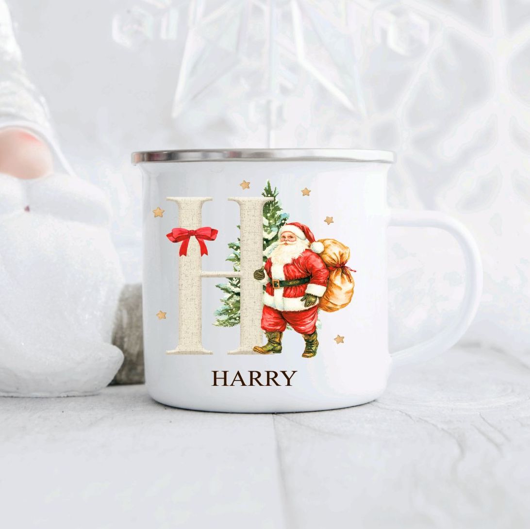 Children's Personalised Christmas Enamel Mug A - Z Santa With Sack