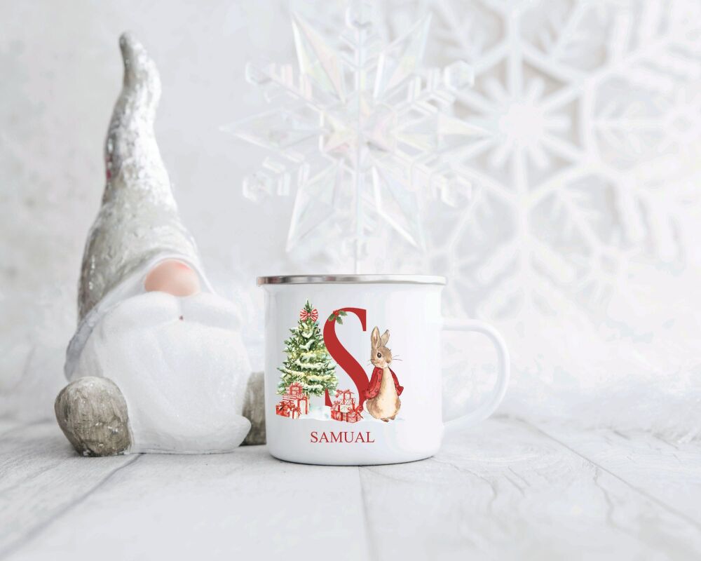 Personalised Children's Christmas Enamel Mug A - Z Rabbit
