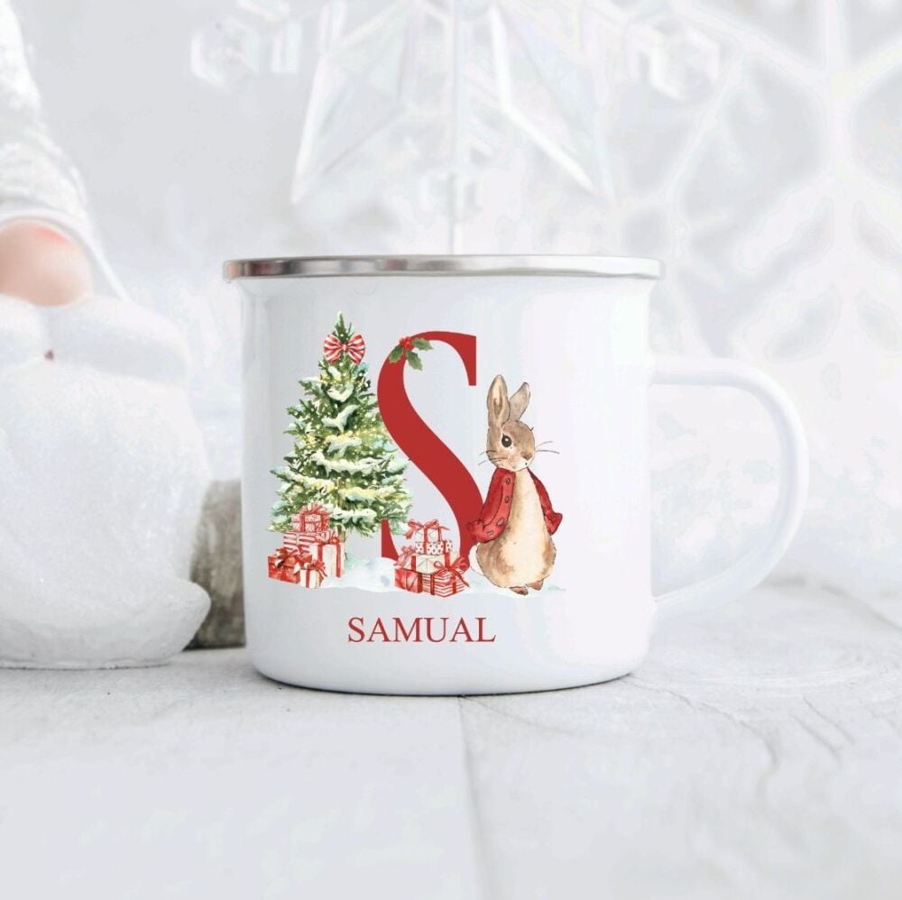Personalised Children's Christmas Enamel Mug A - Z Rabbit