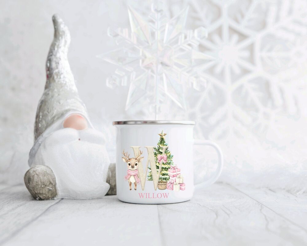 Personalised Children's Christmas Enamel Mug A - Z Deer Pink Scarf