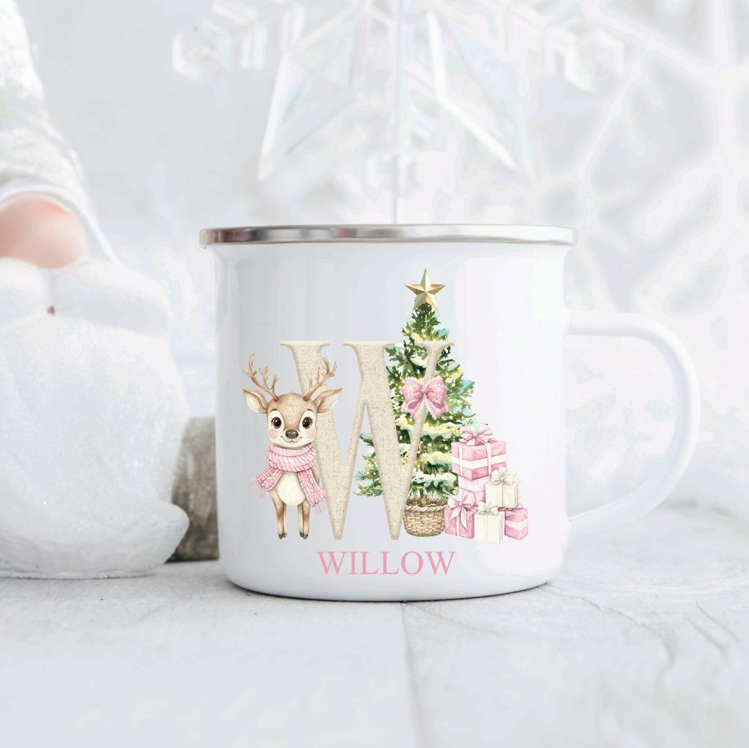 Personalised Children's Christmas Enamel Mug A - Z Deer Pink Scarf