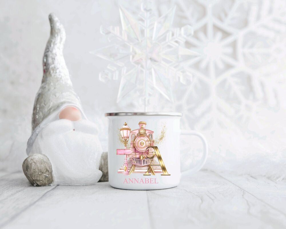 Personalised Children's Christmas Enamel Mug A - Z Pink Polar Express