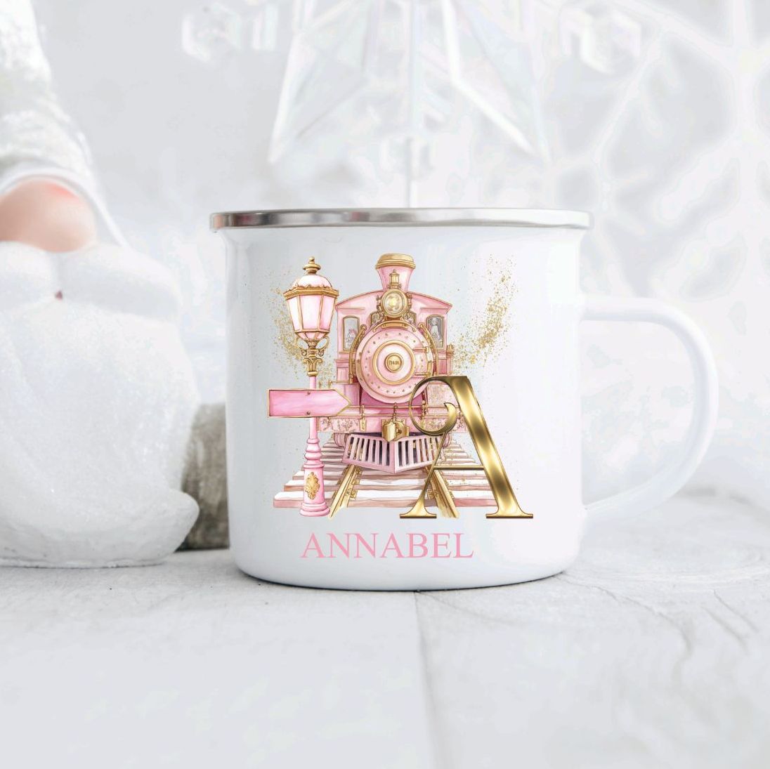 Personalised Children's Christmas Enamel Mug A - Z Pink Polar Express