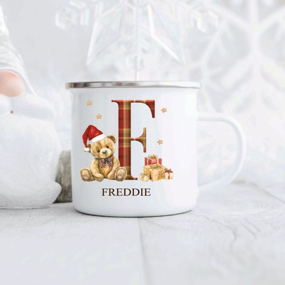 Personalised Children's Christmas Enamel Mug A - Z Tartan Teddy