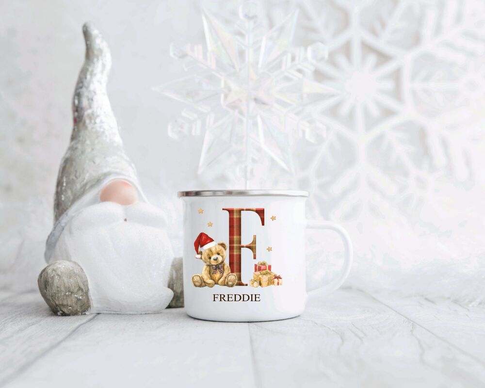 Personalised Children's Christmas Enamel Mug A - Z Tartan Teddy