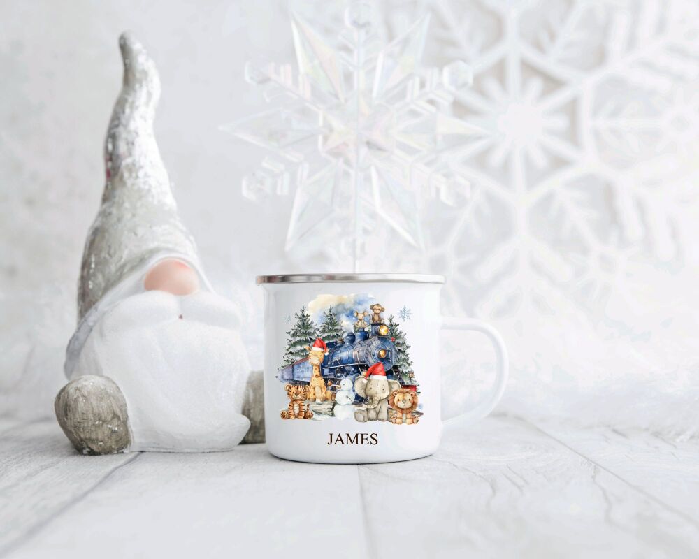 Personalised Children's Christmas Enamel Mug Jungle Animals