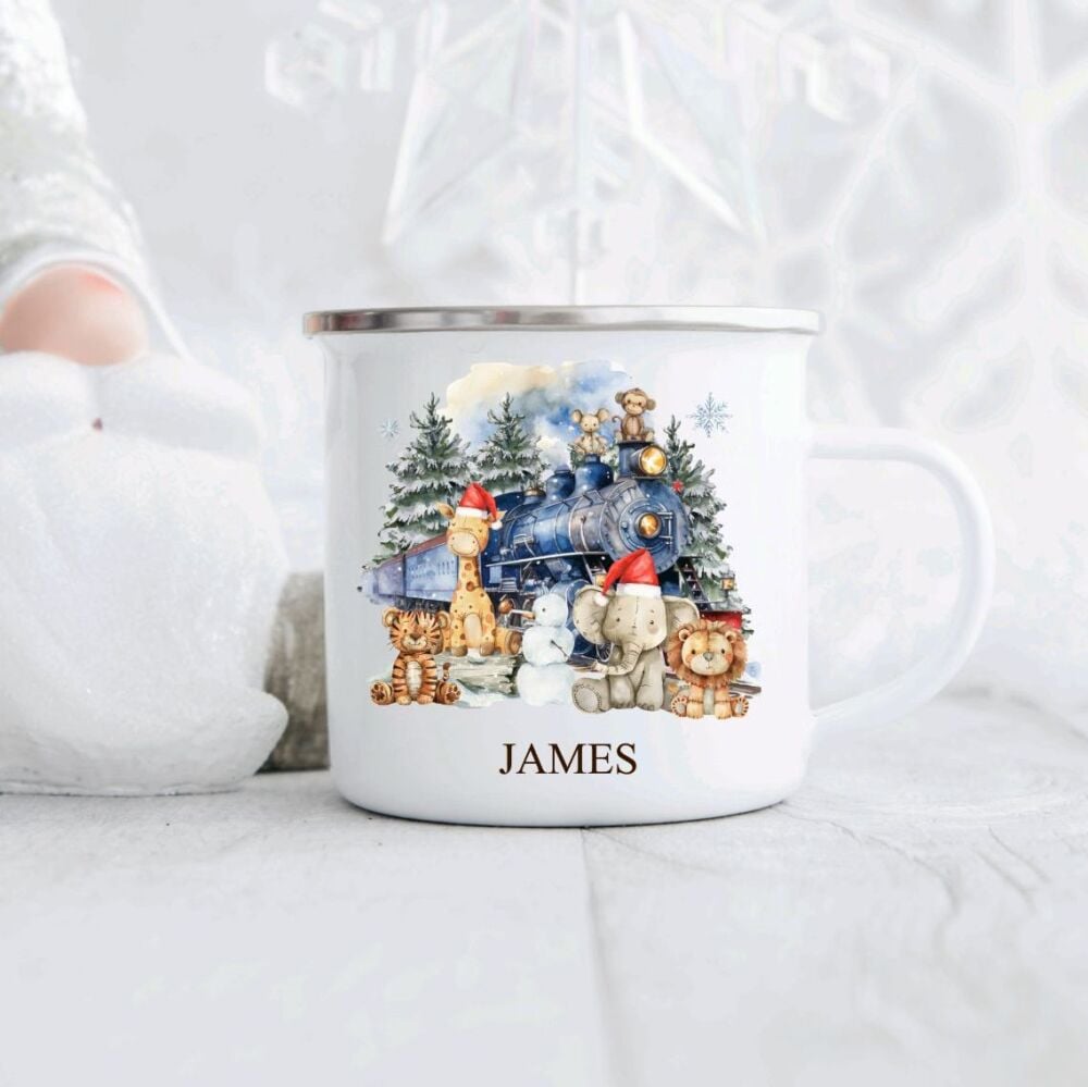 Personalised Children's Christmas Enamel Mug Jungle Animals