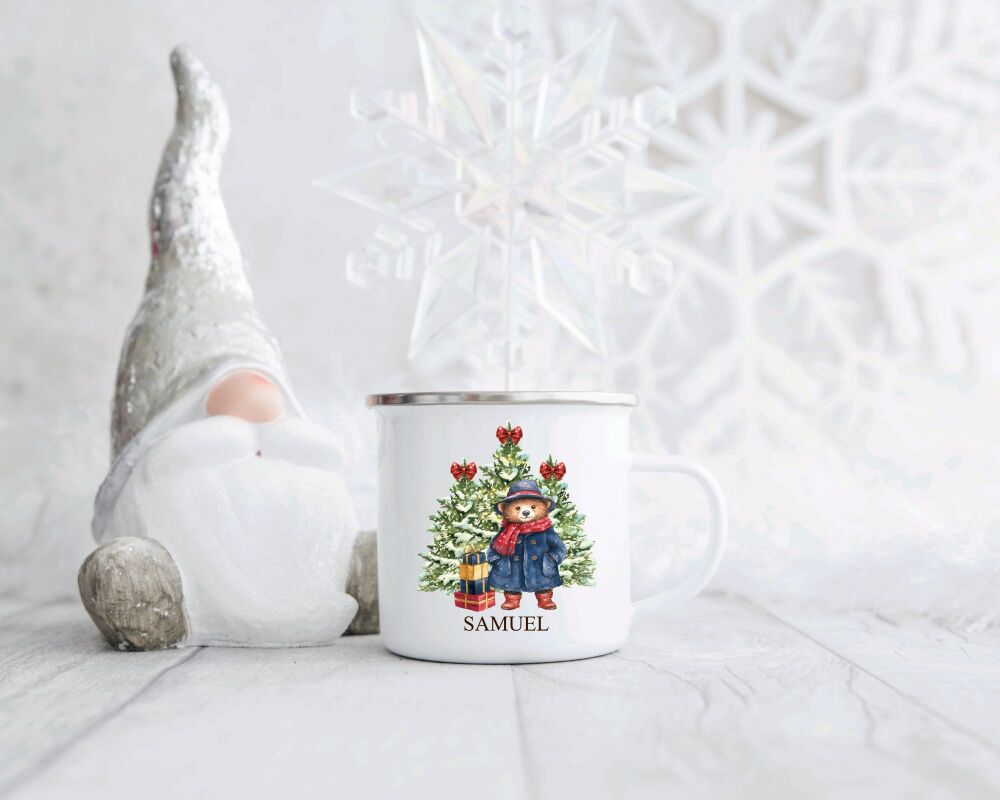 Festive Bear Personalised Children's Christmas Enamel Mug