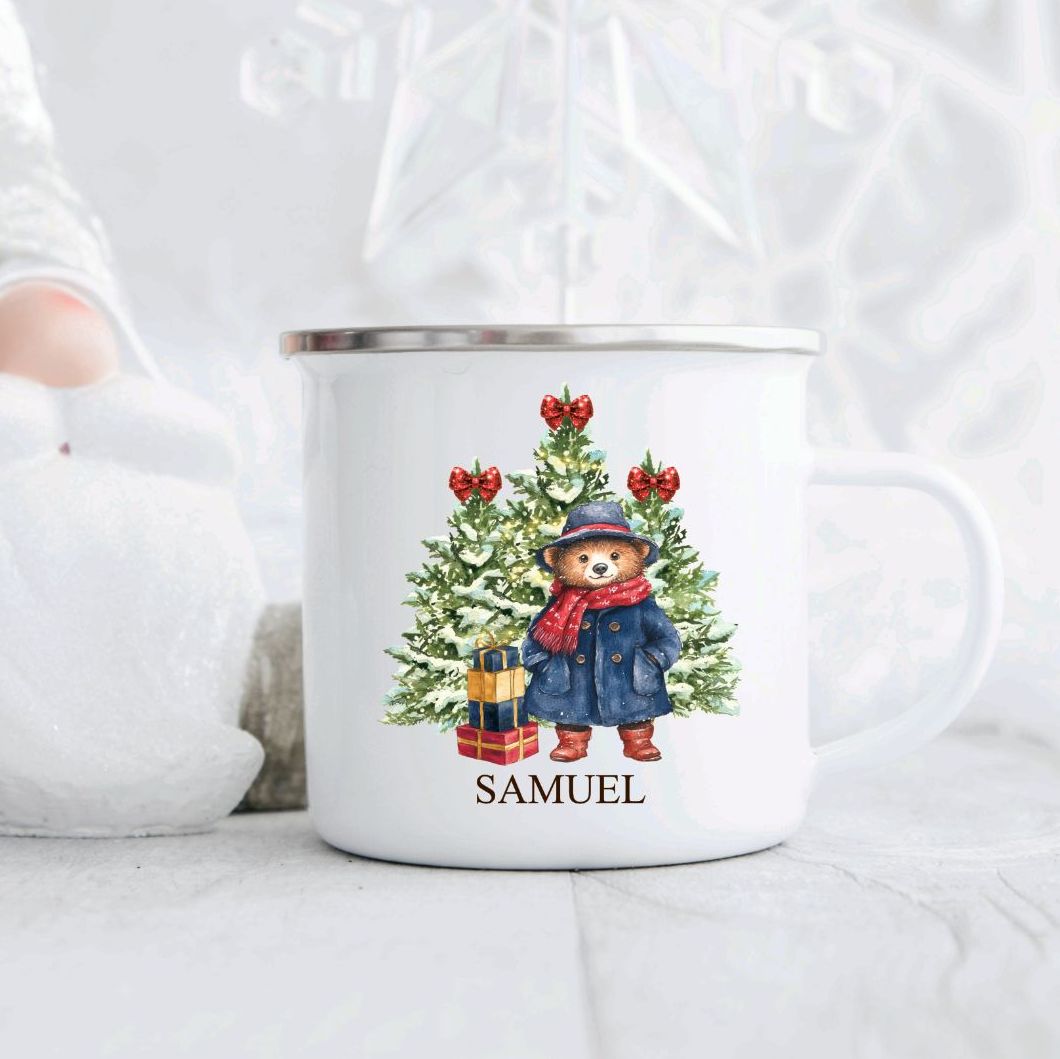 Festive Bear Personalised Children's Christmas Enamel Mug