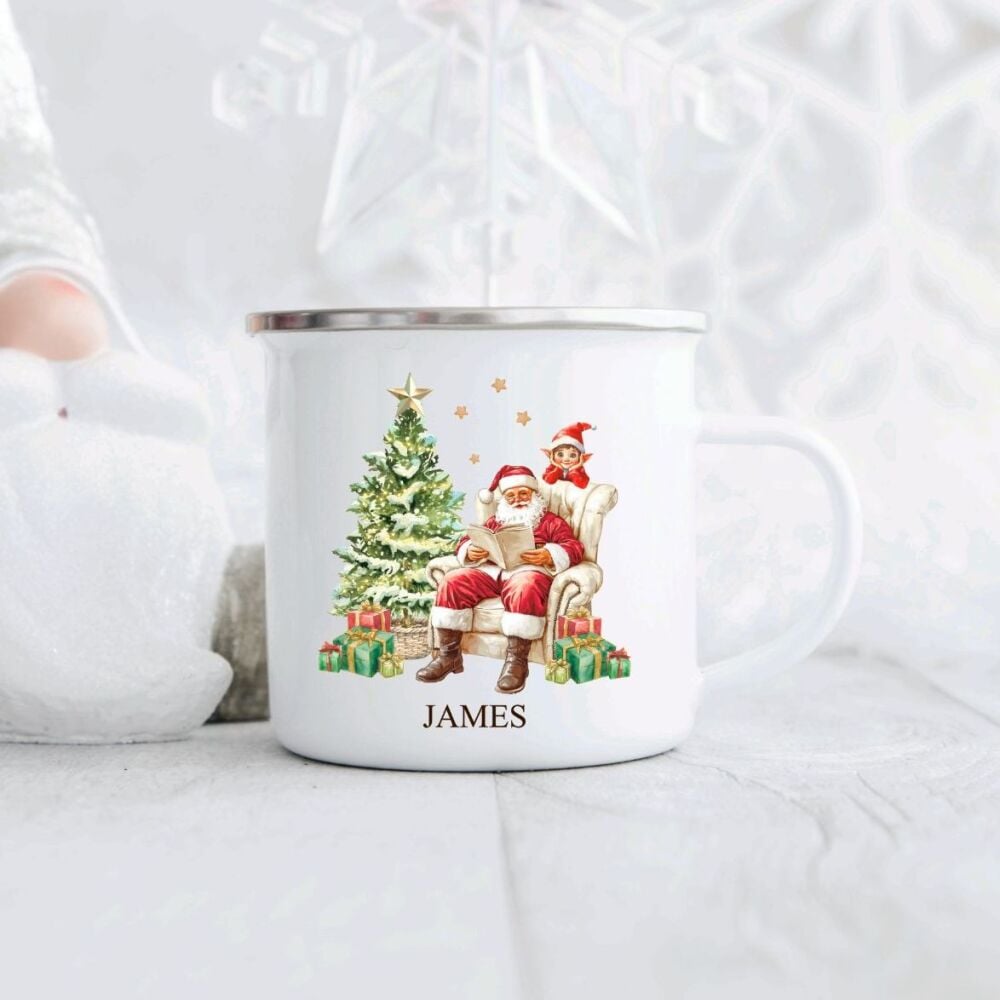 Personalised Children's Christmas Enamel Mug Santa & Elf