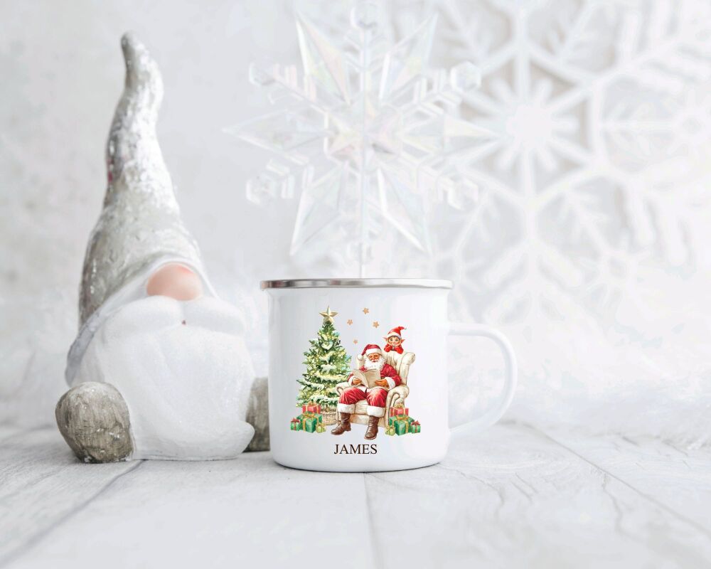 Personalised Children's Christmas Enamel Mug Santa & Elf