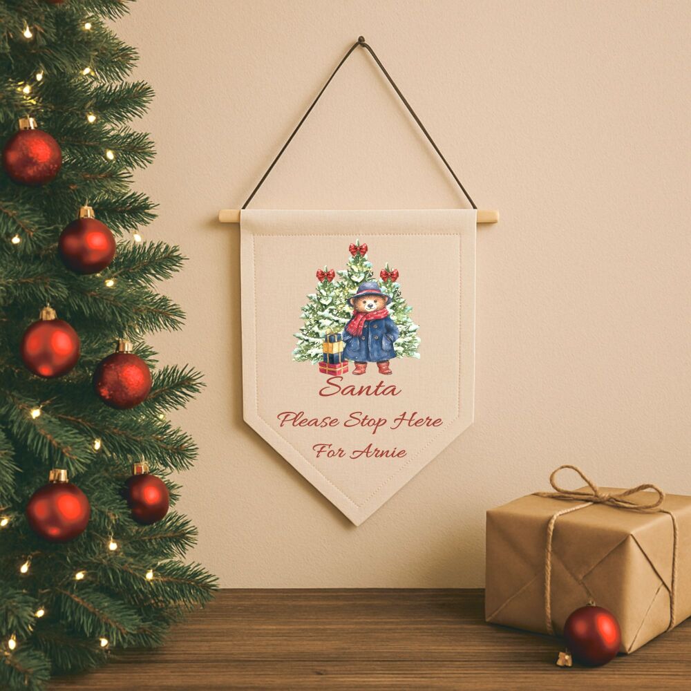Personalised Linen Santa Please Stop Here Pennant - Christmas Bear
