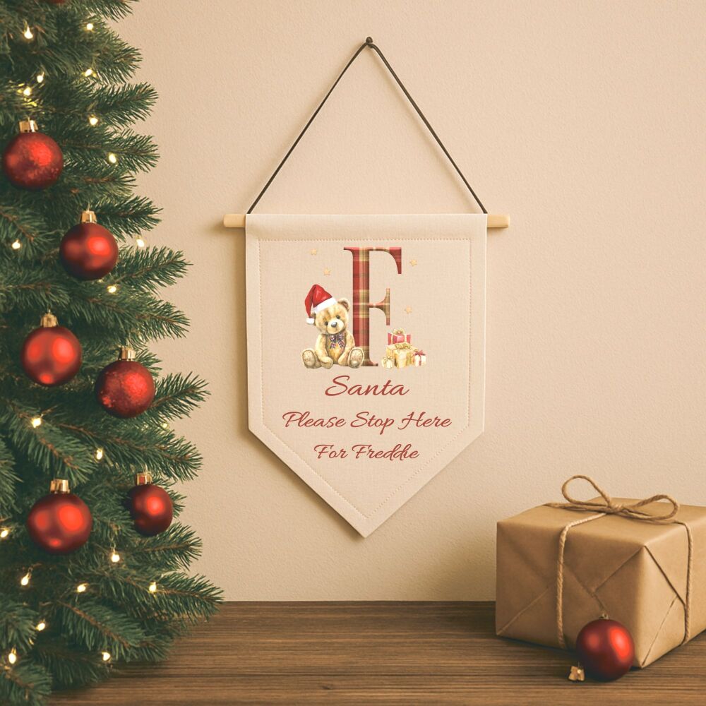 Personalised Linen Santa Please Stop Here Pennant - A-Z Tartan Bear