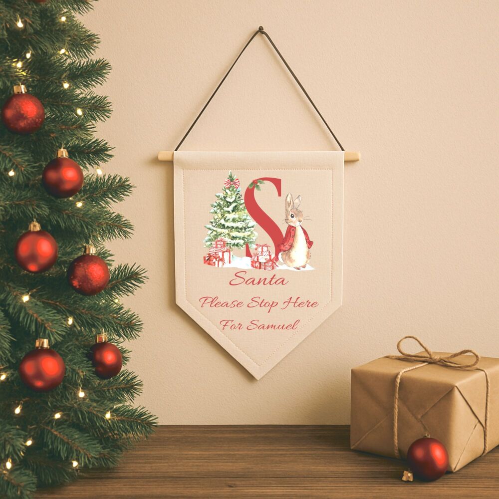 Personalised Linen Santa Please Stop Here Pennant - A-Z Christmas Rabbit