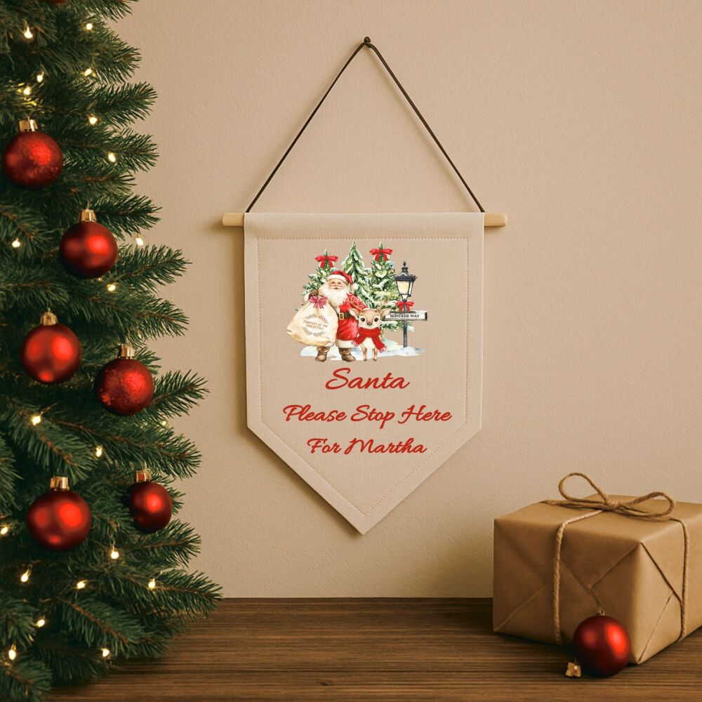 Personalised Linen Santa Please Stop Here Pennant - Santa With Toy Sack