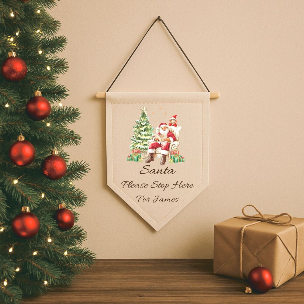 Personalised Linen Santa Please Stop Here Pennant - Santa With Elf
