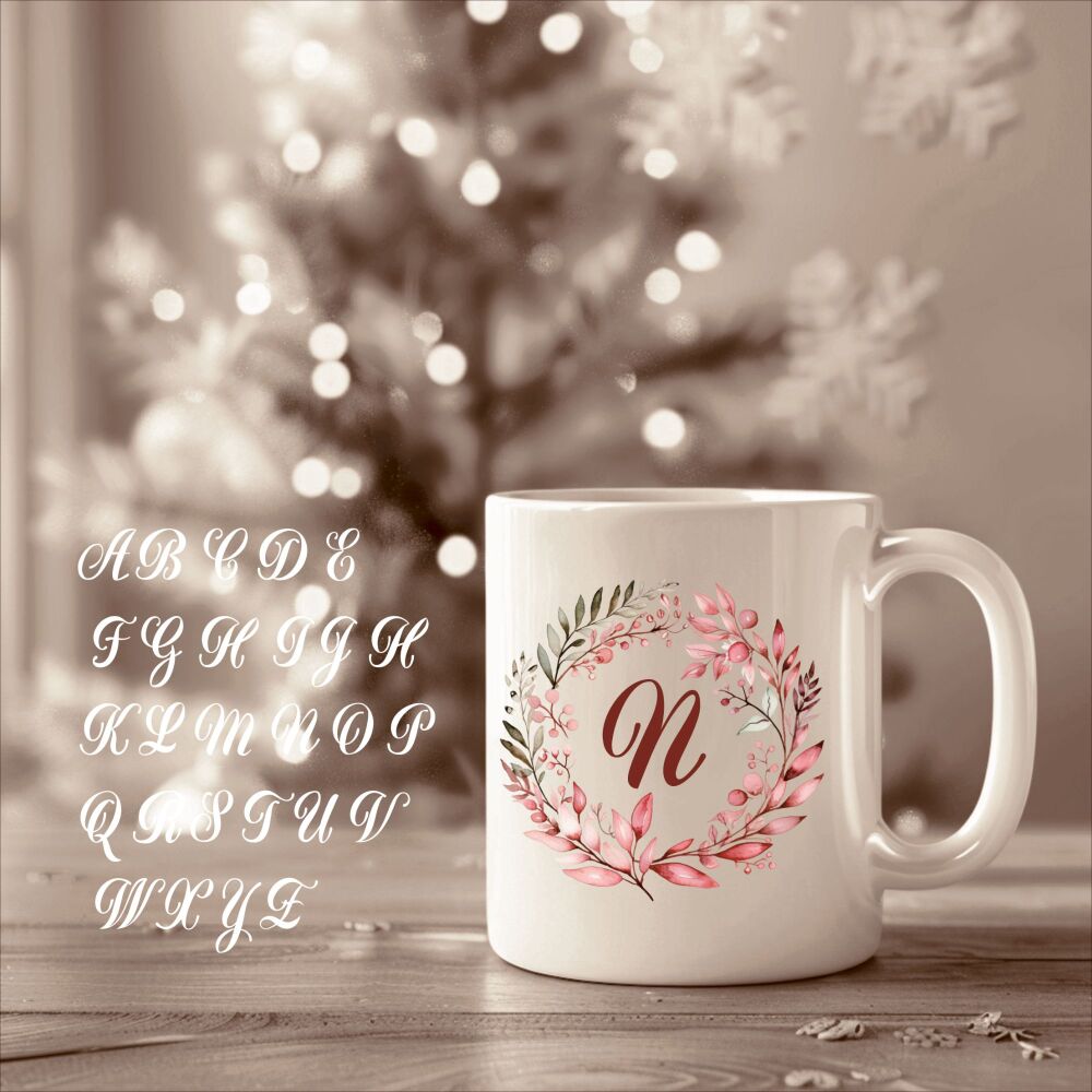 Pink Wreath Personalised Initial Mug