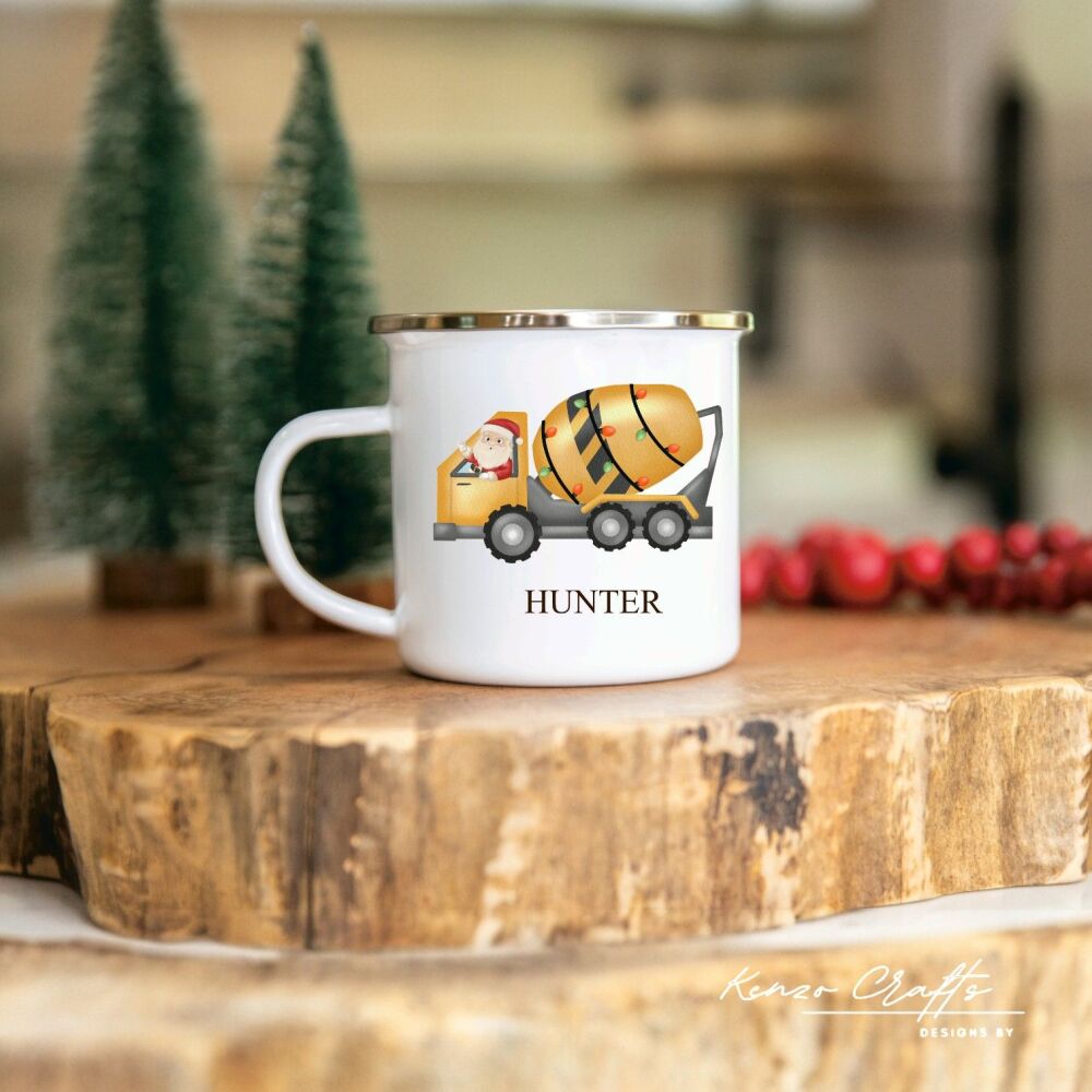 Personalised Children's Christmas Construction Santa Enamel Mug