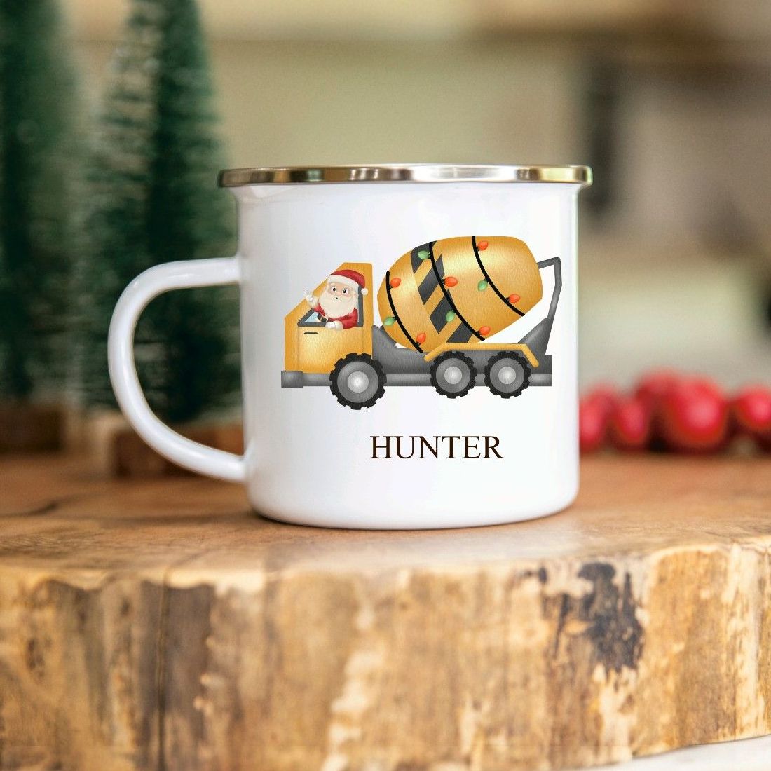 Personalised Children's Christmas Construction Santa Enamel Mug