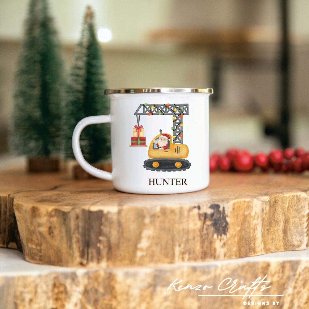 Personalised Children's Christmas Construction Santa Enamel Mug