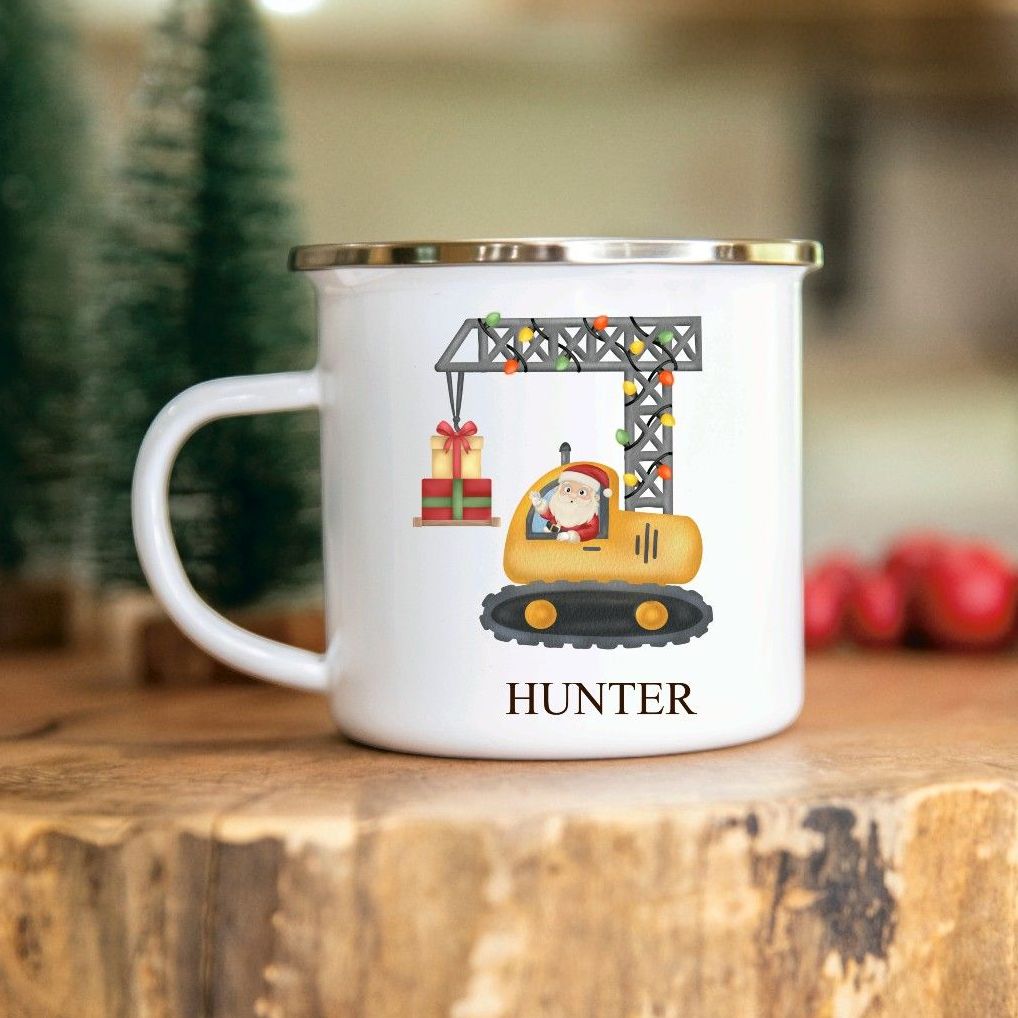 Personalised Children's Christmas Construction Santa Enamel Mug