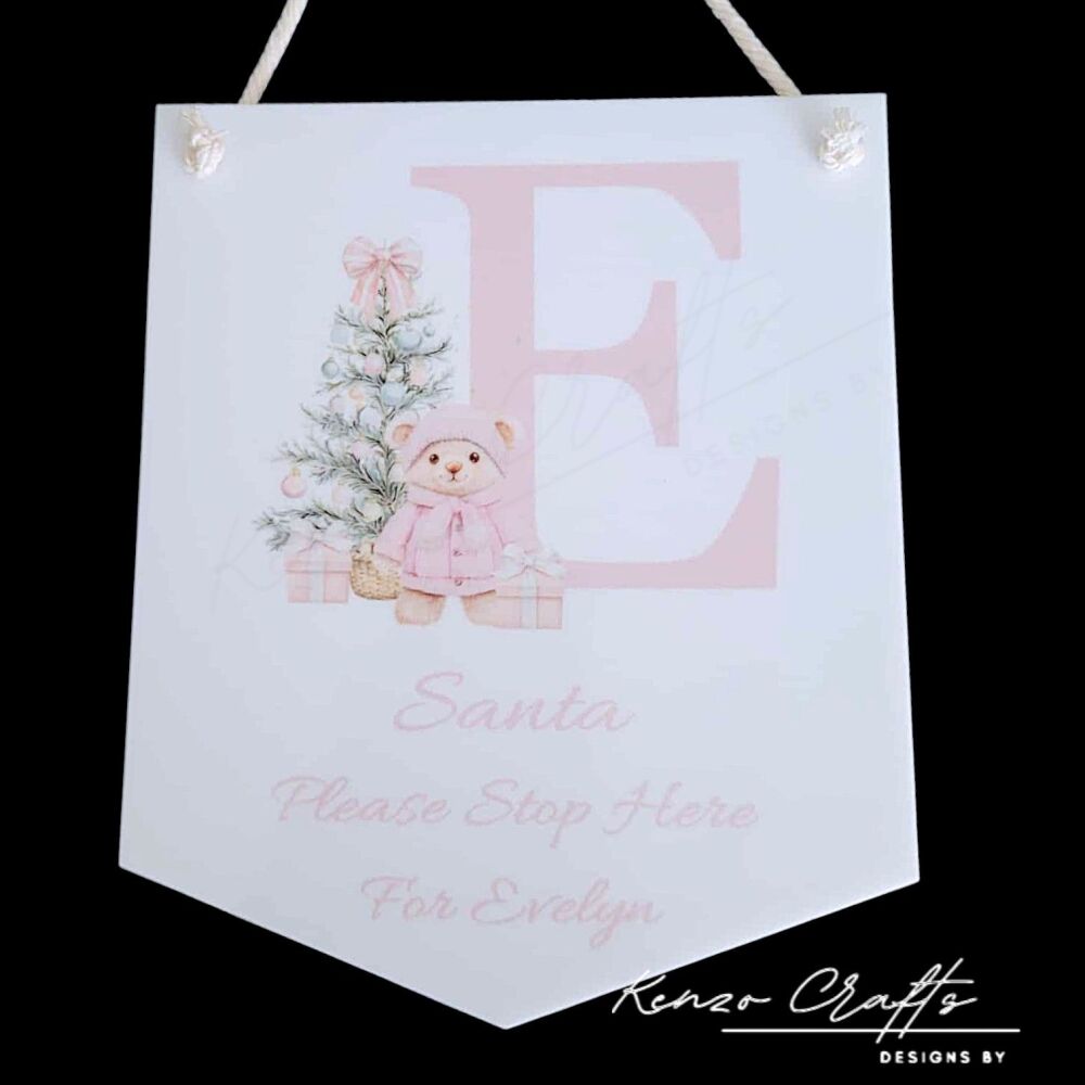 Santa Please Stop Here Personalised Hanging Pennant Baby Pink/Blue