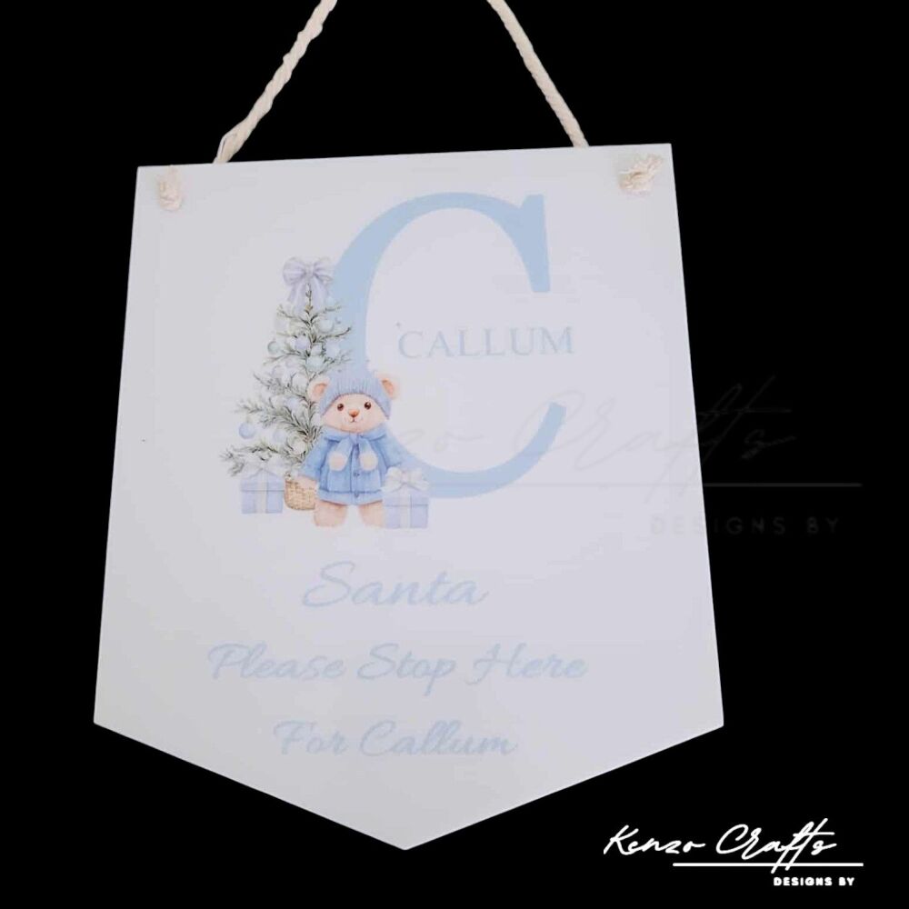 Santa Please Stop Here Personalised Hanging Pennant Baby Pink/Blue