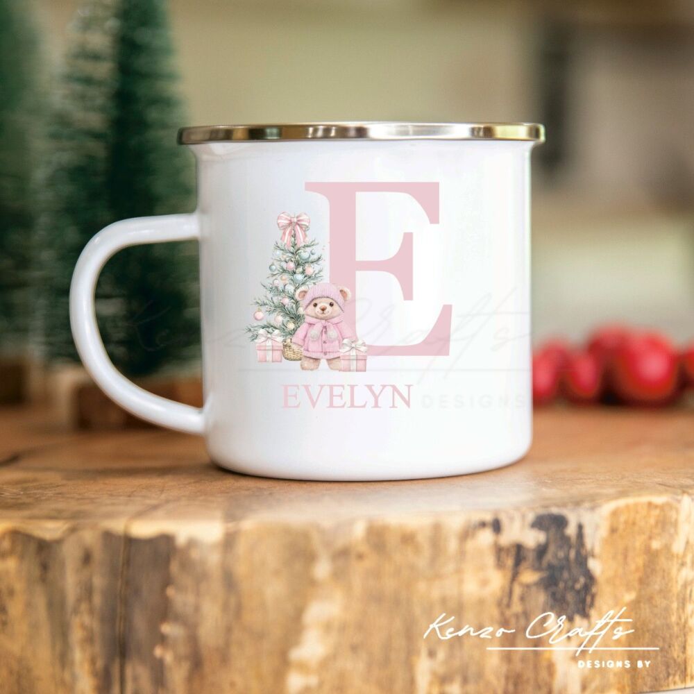 Personalised Children's Christmas Enamel Mug A - Z Pink Teddy