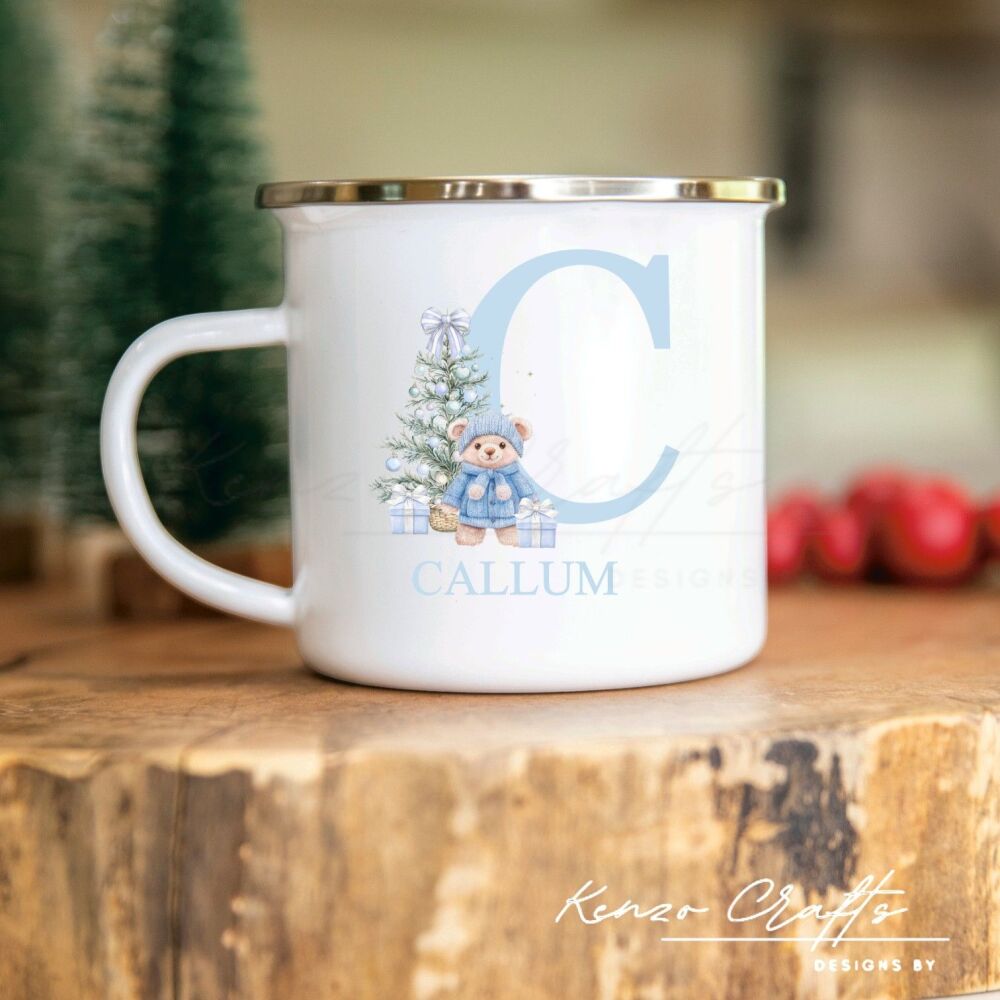 A - Z Initial Children's Christmas Enamel Mug Blue Teddy