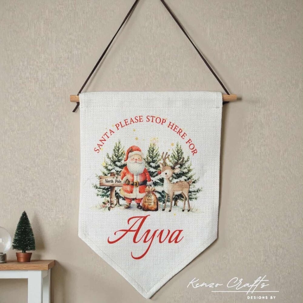 Personalised Linen Santa Please Stop Here Pennant - Father Christmas Design
