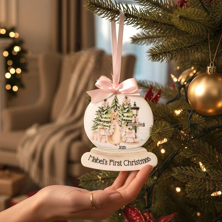 Personalised First Christmas Rabbit Tree Snow Globe Bauble Keepsake