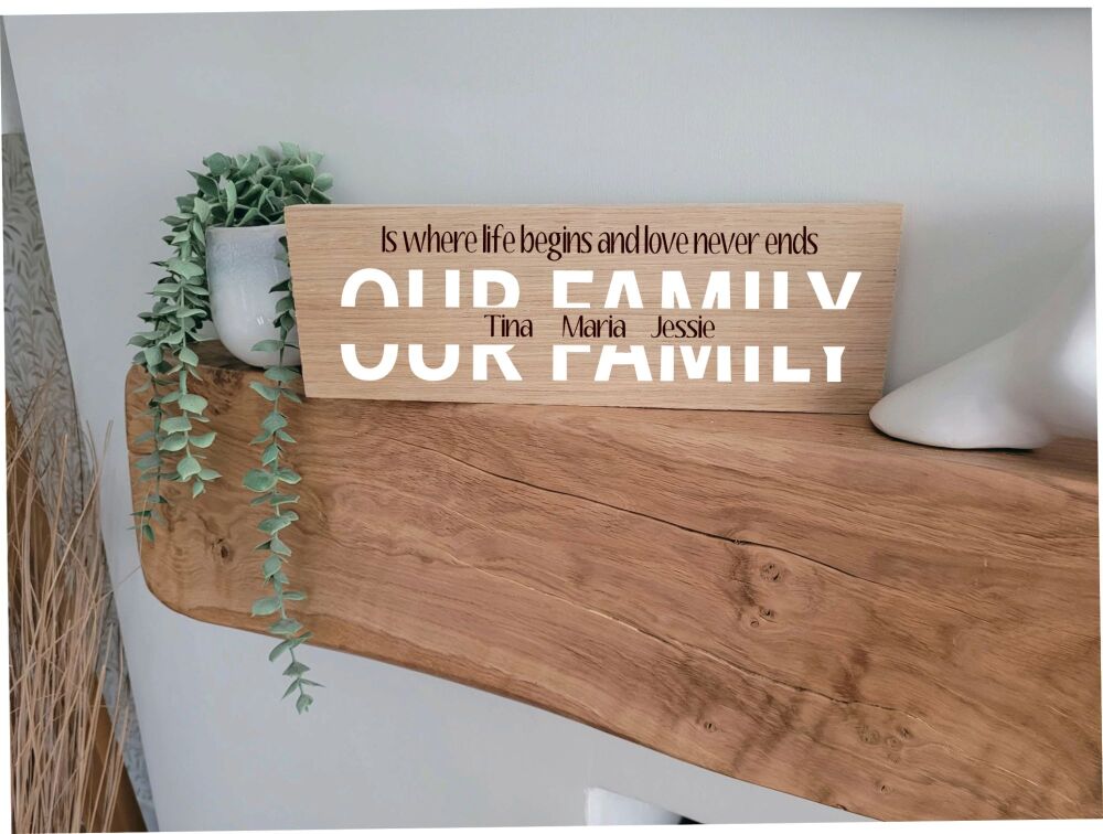 Large Handmade Oak Faced Personalised Plaque Our Family