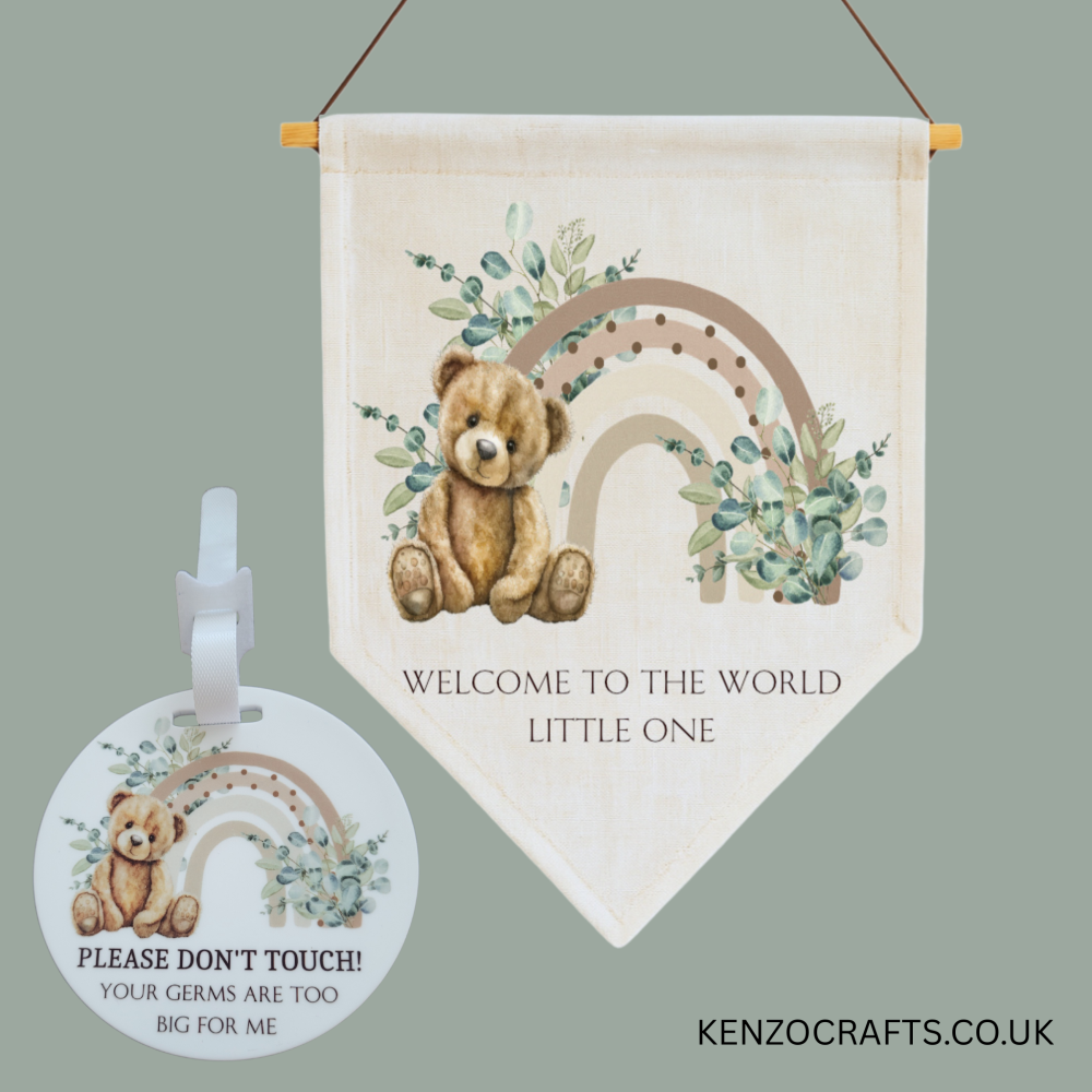 Personalised Welcome To The World Linen New Baby Pennant PLUS Pram Disc