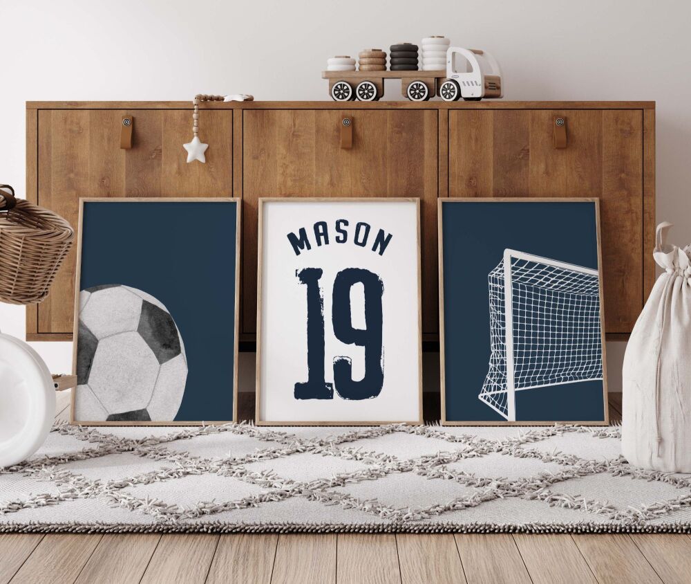 Soccer Nursery Wall Art, Set of 3 Posters, Personalized Football Prints, Custom Name Soccer Jersey, Boys Room Decor, Toddler Wall Art, Unframed